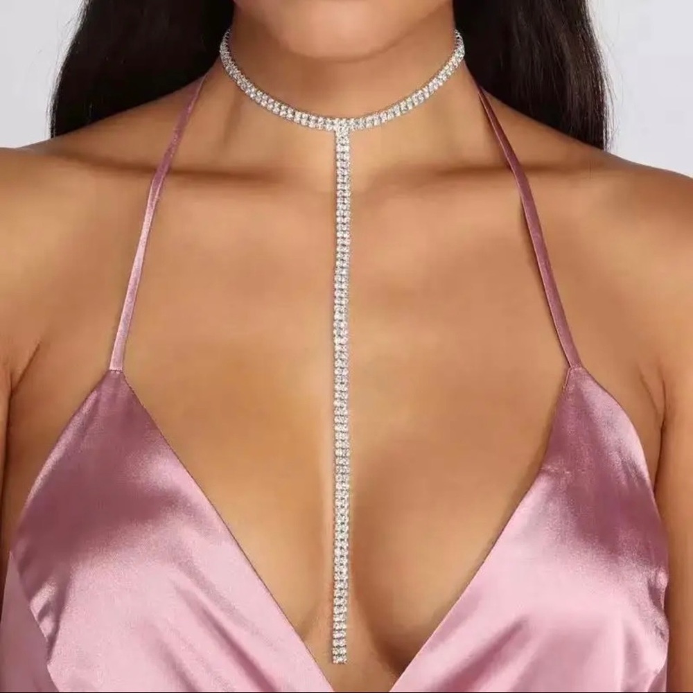 Glam Bling Rhinestone Silver Long Choker